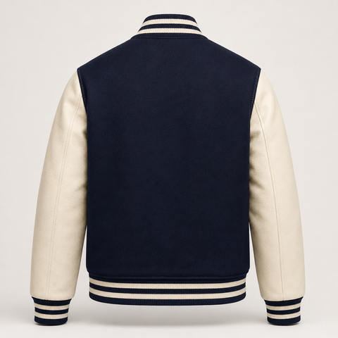 Mohrazi Men's Premium Navy Varsity Jacket Wool Body Cream Leather Sleeves