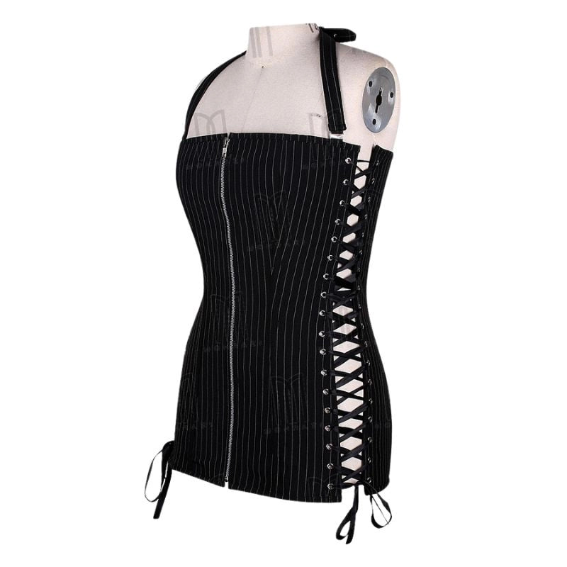 Chic and Structured Pinstripe Short Overbust Corset Dress with Side Lacing and Halter Neck Belt image 2