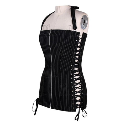 Chic and Structured Pinstripe Short Overbust Corset Dress with Side Lacing and Halter Neck Belt image 2