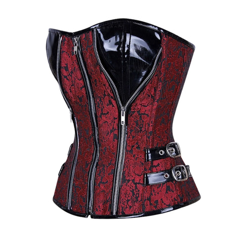 Bold 3-Layer Brocade and Patent Overbust Corset with Spiral Steel Boning and Silver Zipper image 1