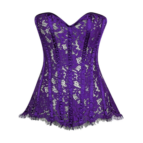 Exquisite and Sparkling Rhinestones Overbust Corset in Sheer Eyelash Lace for a Dazzling Silhouette - Dark Purple image