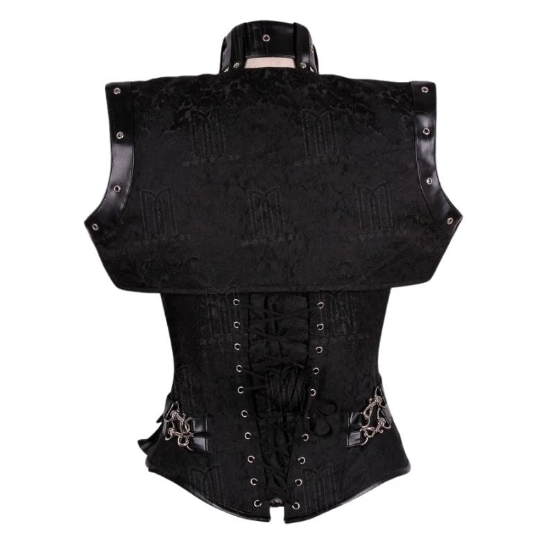 Steampunk Black Brocade and Faux Leather Overbust Corset with Neck Strap and Bolero image 5