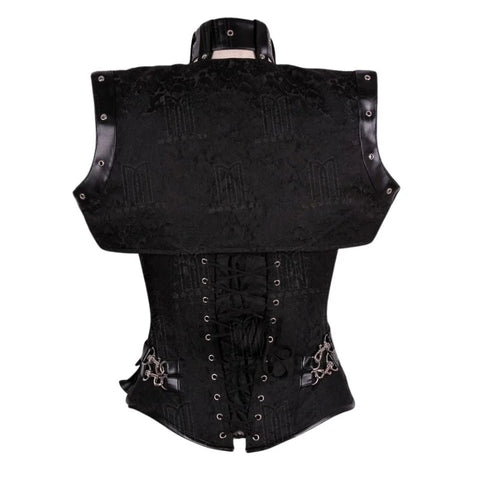 Steampunk Black Brocade and Faux Leather Overbust Corset with Neck Strap and Bolero image 5