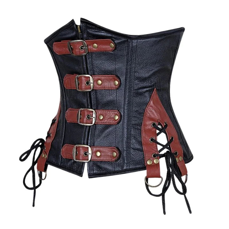 Leather Corset with Side Lace Panels and Adjustable Buckles for Waist Shaping