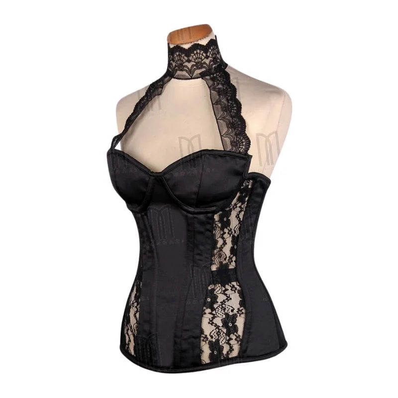 Elegant Satin Underwire Overbust Corset with Sheer Lace and Neck Lace Accent image 1