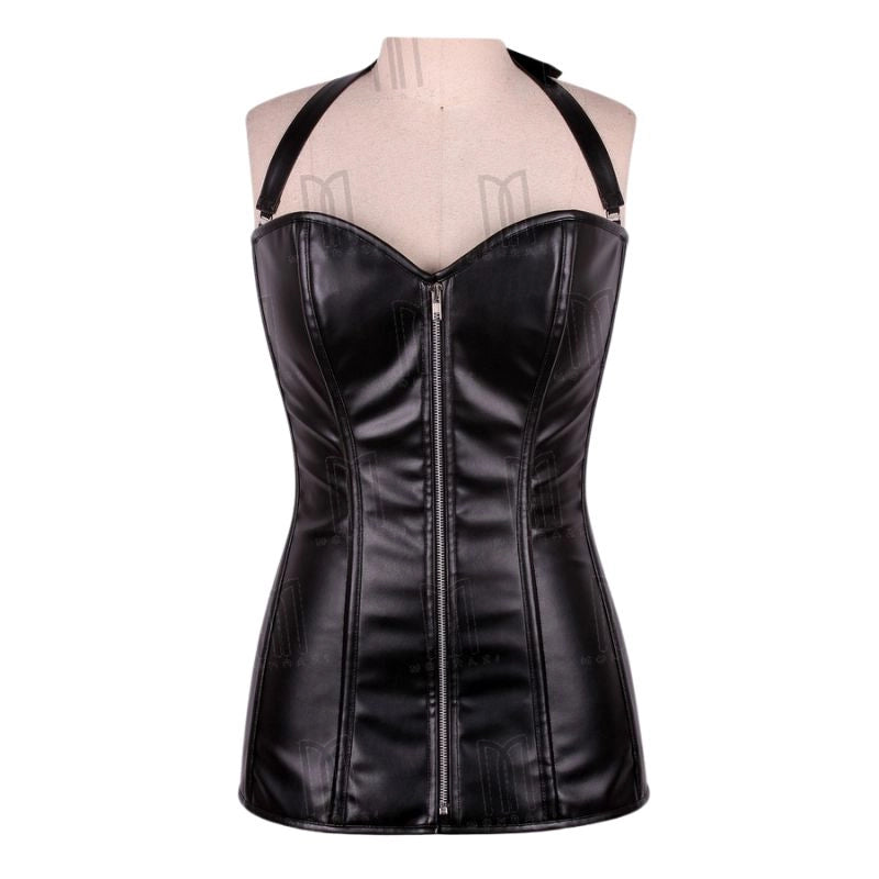 Bold and Sophisticated Faux Leather Overbust Short Corset Dress with Halter Neck Belt image 0
