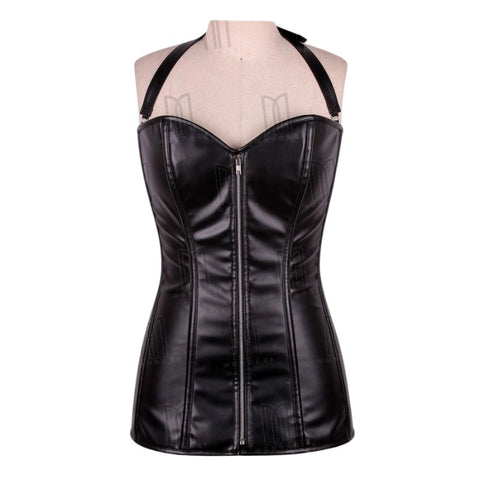 Bold and Sophisticated Faux Leather Overbust Short Corset Dress with Halter Neck Belt image 0