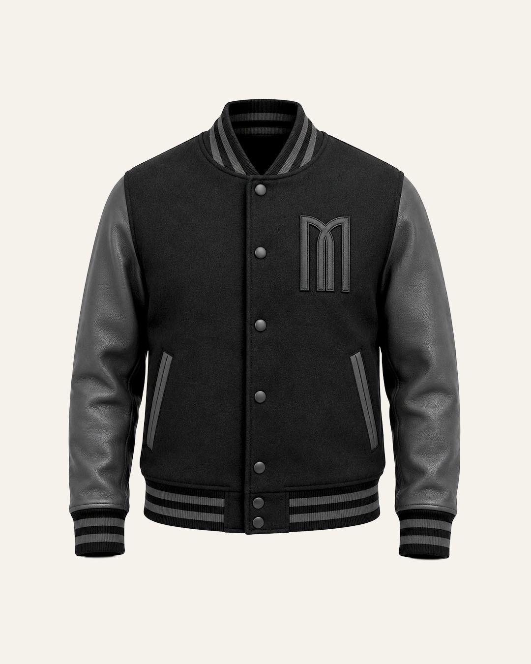 Mohrazi Men's Premium Black Varsity Jacket Wool Body Genuine Leather Sleeves