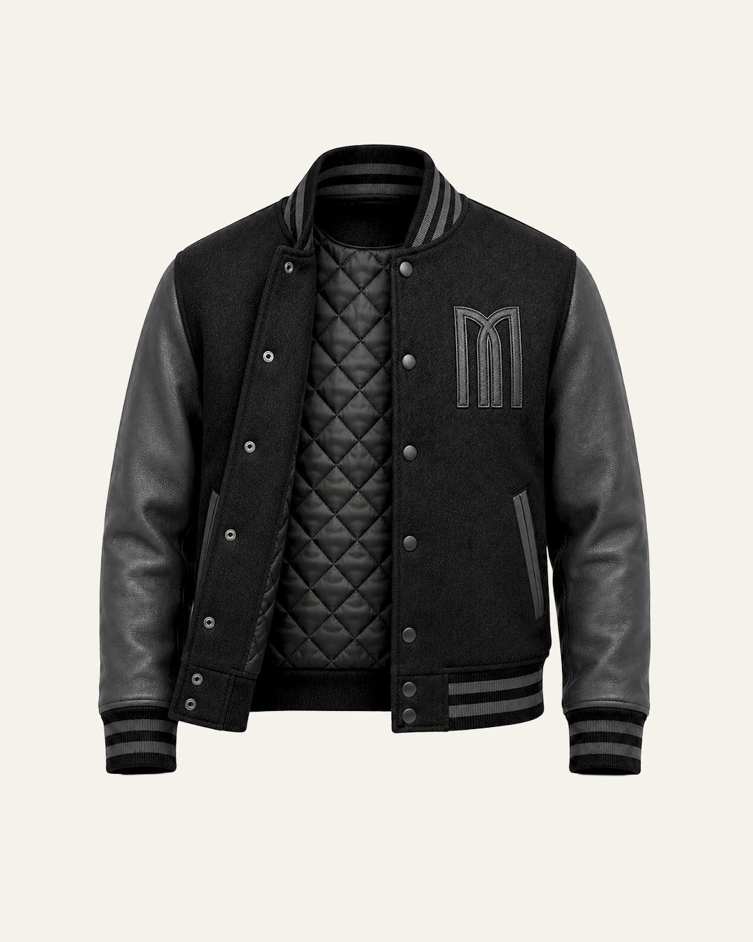 Mohrazi Men's Premium Black Varsity Jacket Wool Body Genuine Leather Sleeves