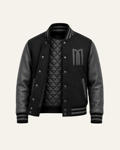 Mohrazi Men's Premium Black Varsity Jacket Wool Body Genuine Leather Sleeves