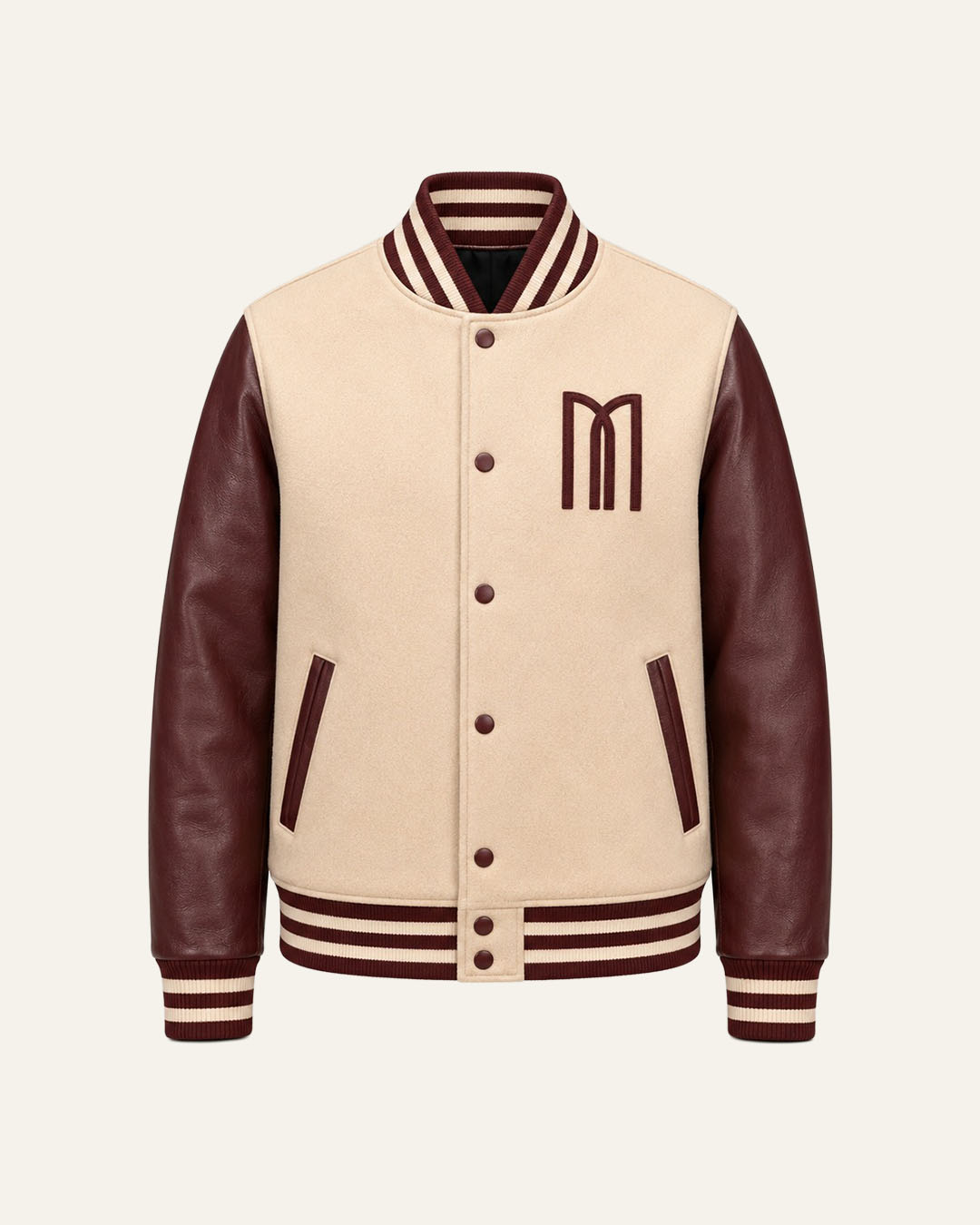 Mohrazi Men's Premium Light Cream/Beige Wool Body with Dark Chocolate-brown Genuine Leather Sleeves Varsity Jacket