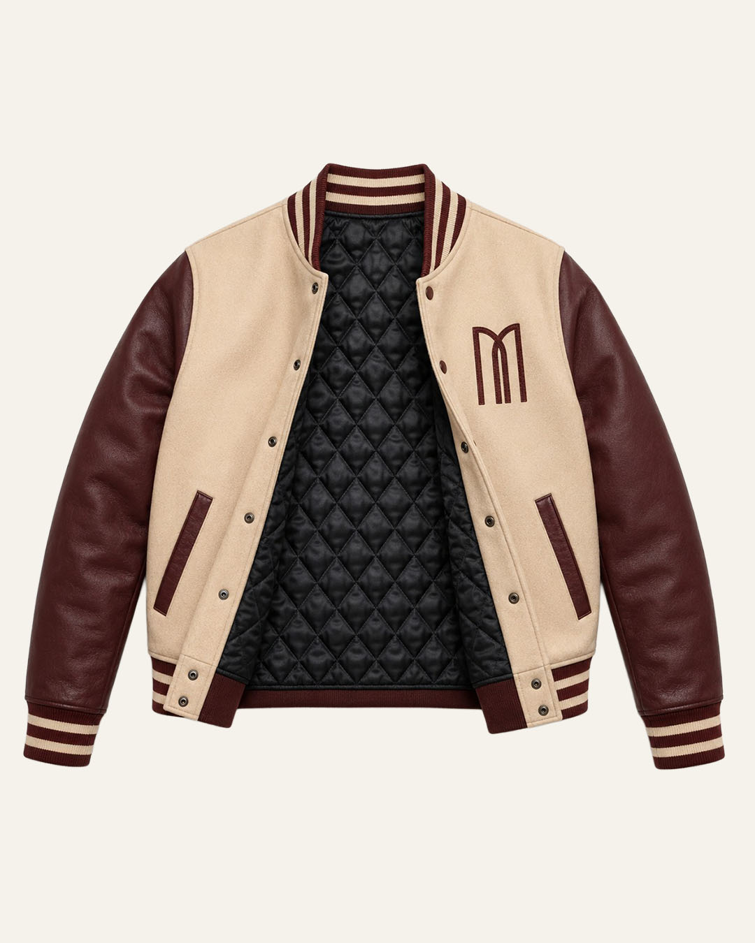 Mohrazi Men's Premium Light Cream/Beige Wool Body with Dark Chocolate-brown Genuine Leather Sleeves Varsity Jacket