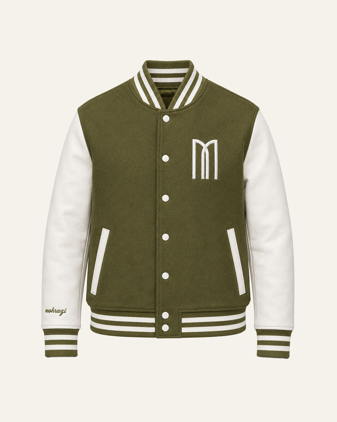 Mohrazi Men's Premium Olive Varsity Jacket Wool Body White Leather Sleeves