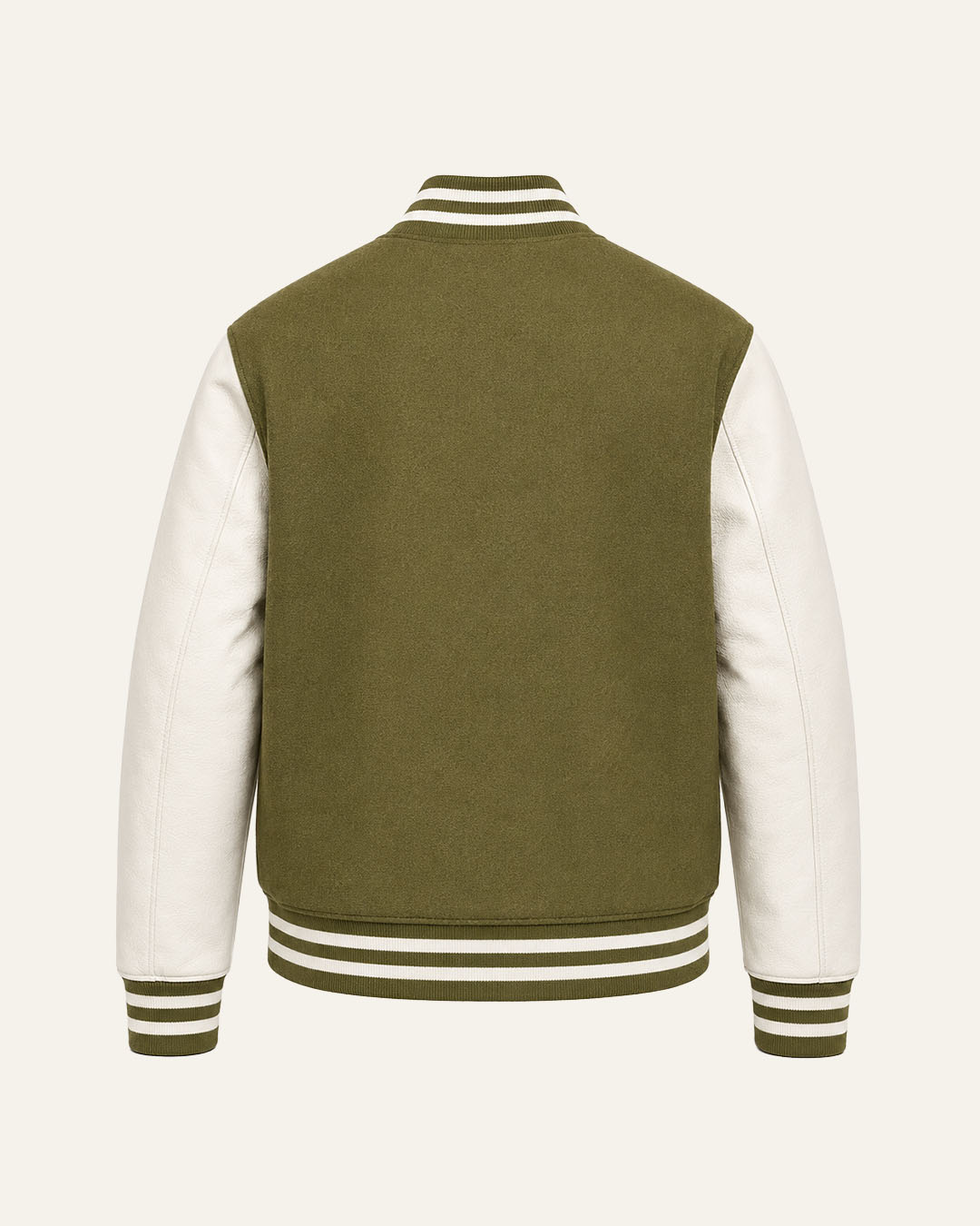 Mohrazi Men's Premium Olive Varsity Jacket Wool Body White Leather Sleeves