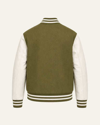 Mohrazi Men's Premium Olive Varsity Jacket Wool Body White Leather Sleeves
