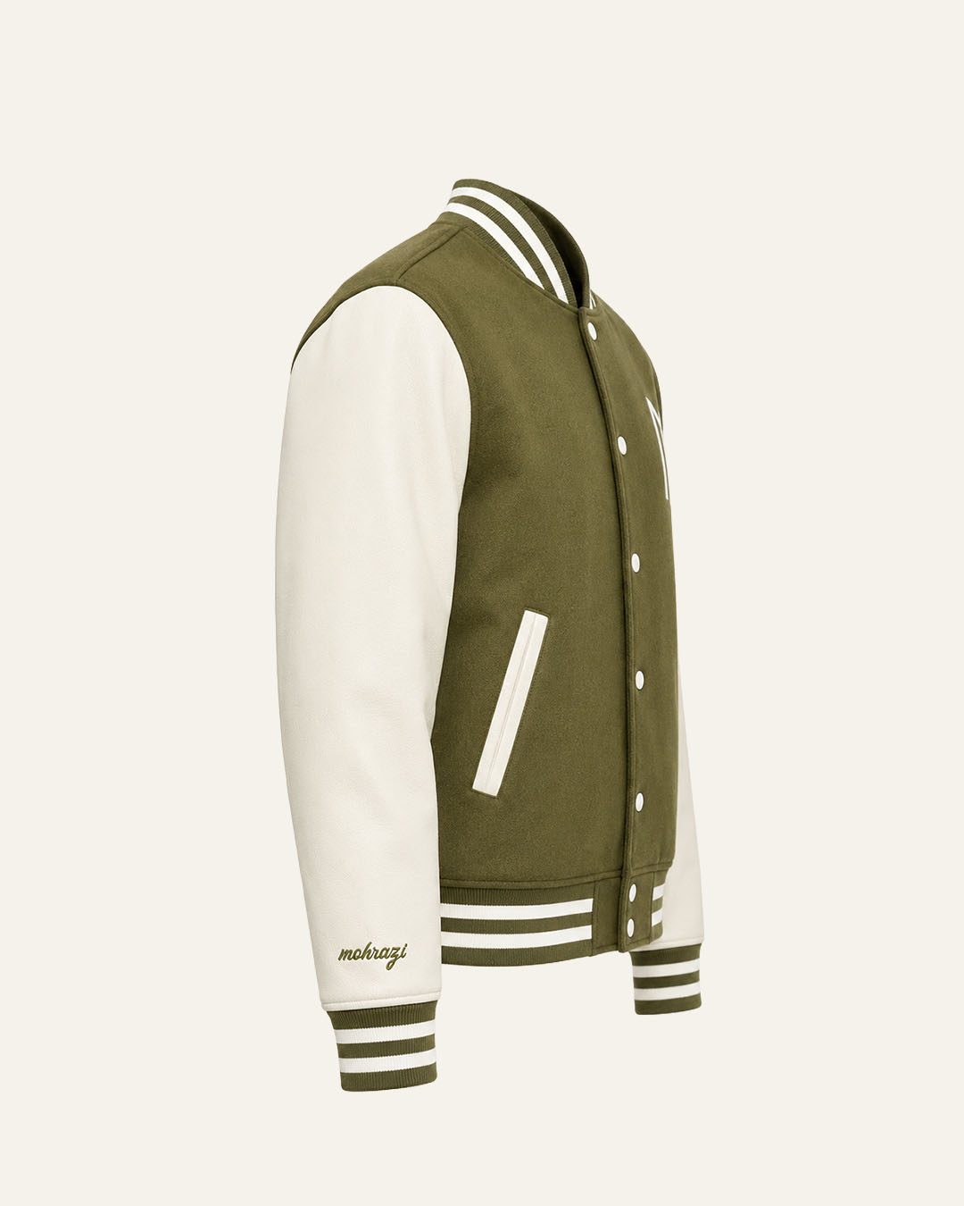 Mohrazi Men's Premium Olive Varsity Jacket Wool Body White Leather Sleeves