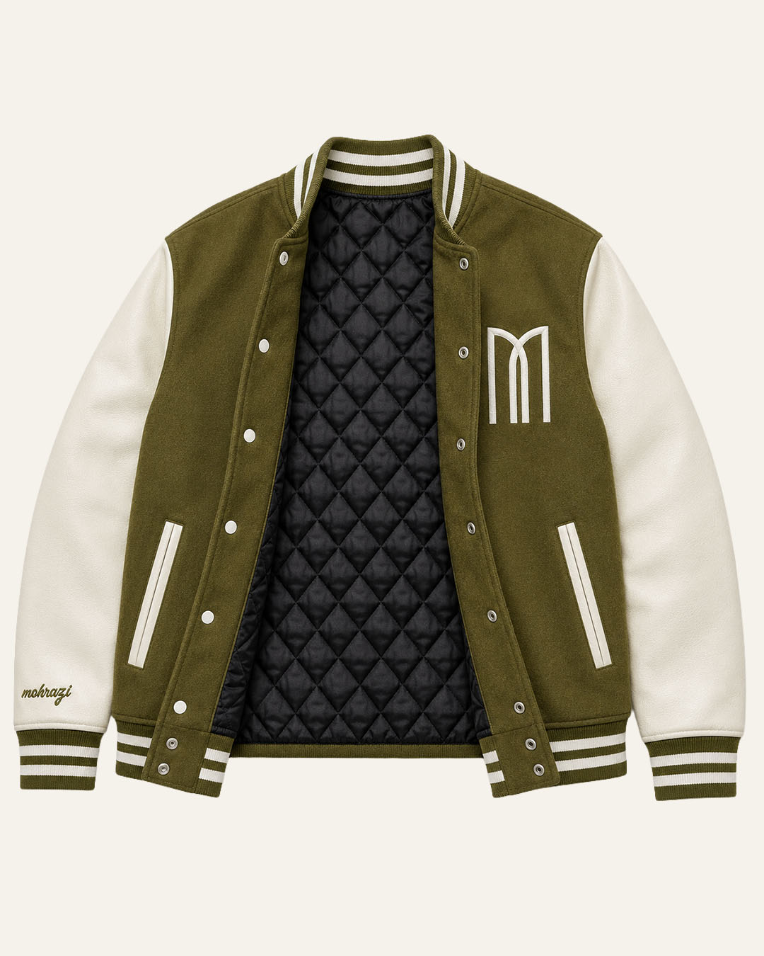 Mohrazi Men's Premium Olive Varsity Jacket Wool Body White Leather Sleeves