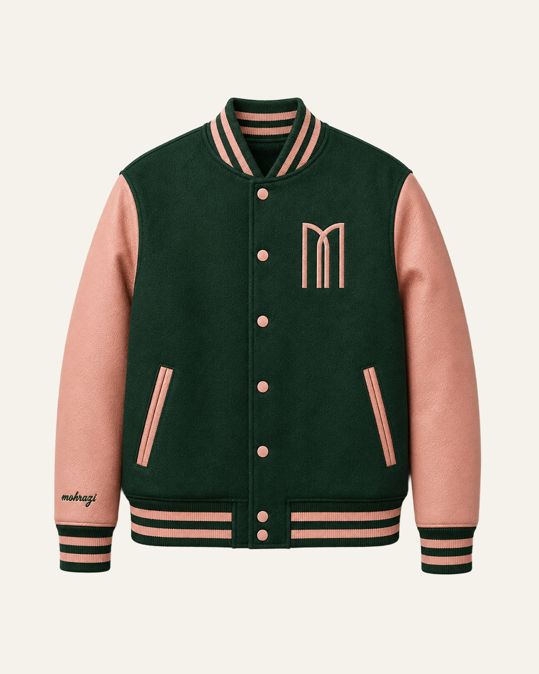 Mohrazi Men's Premium Green Varsity Jacket Wool Body Pink Leather Sleeves