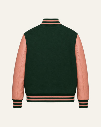 Mohrazi Men's Premium Green Varsity Jacket Wool Body Pink Leather Sleeves