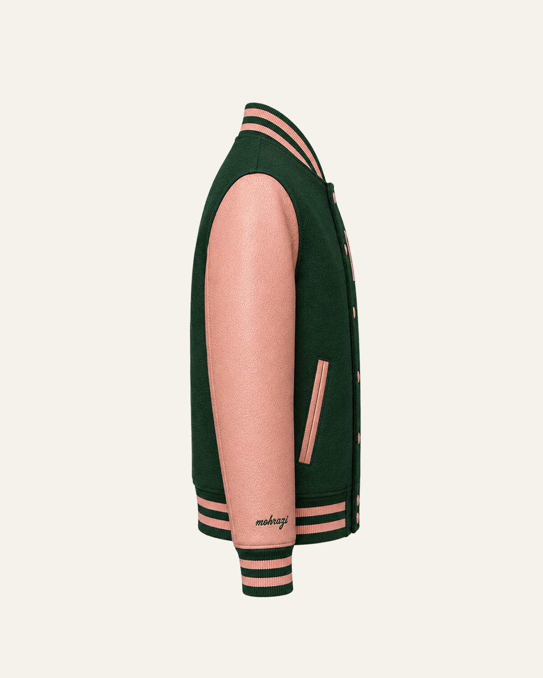 Mohrazi Men's Premium Green Varsity Jacket Wool Body Pink Leather Sleeves
