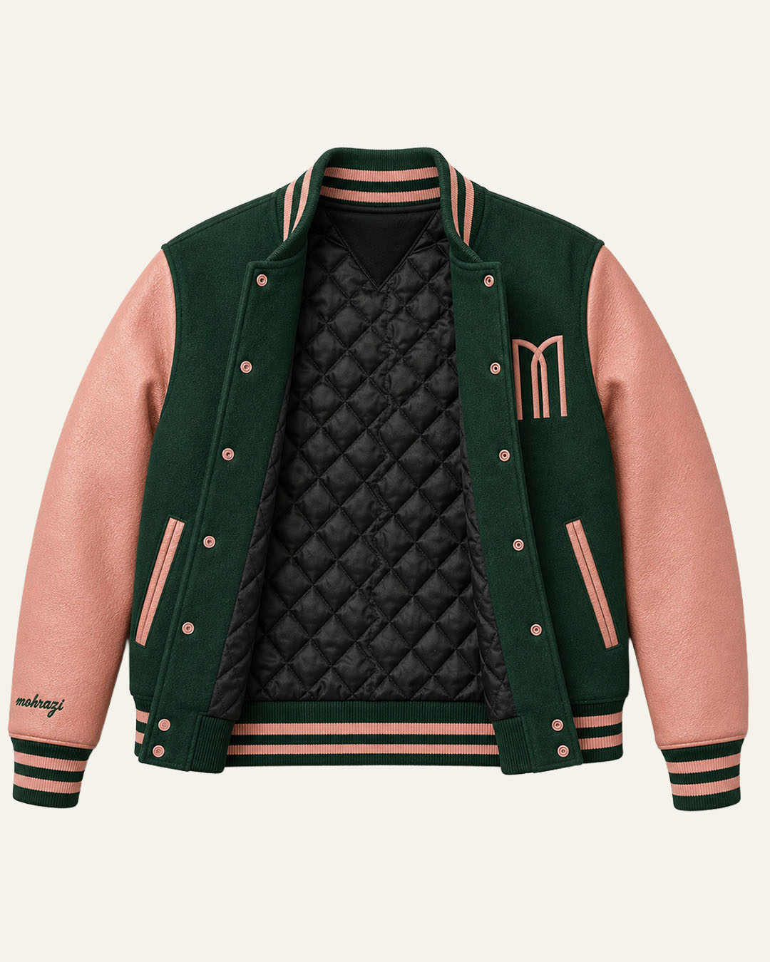 Mohrazi Men's Premium Green Varsity Jacket Wool Body Pink Leather Sleeves