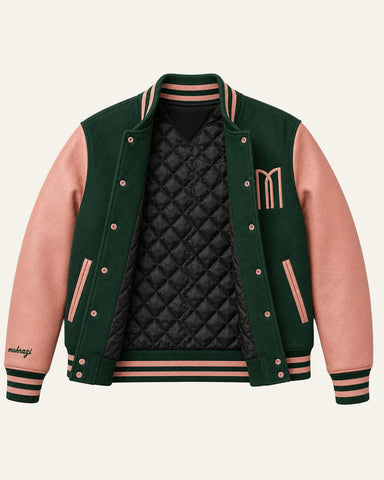 Mohrazi Men's Premium Green Varsity Jacket Wool Body Pink Leather Sleeves