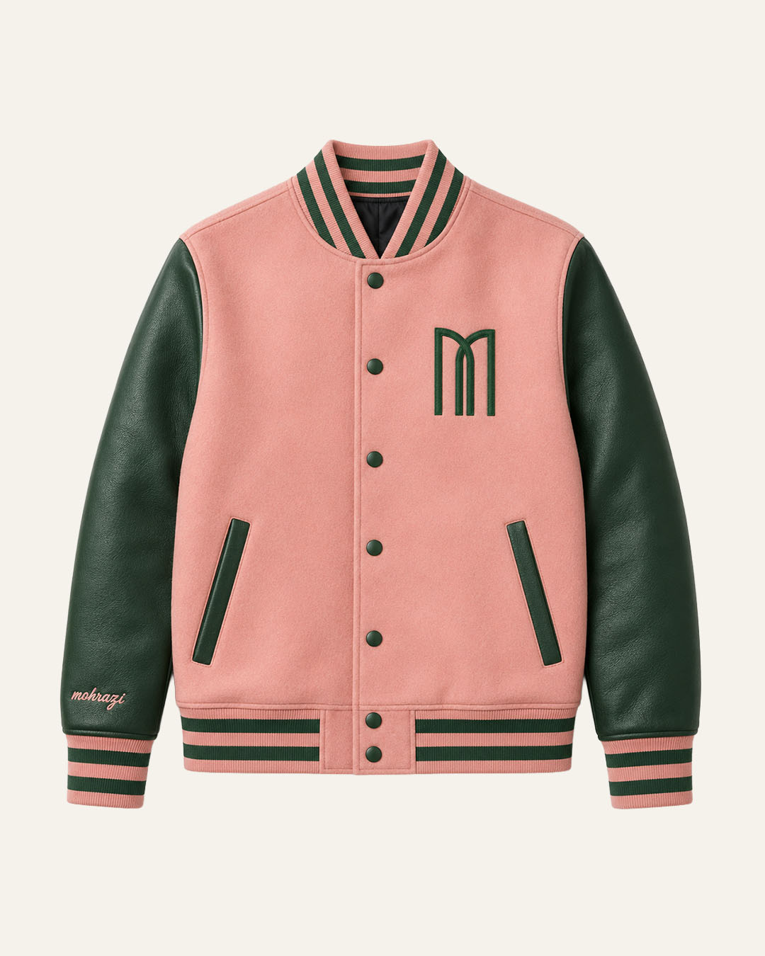 Mohrazi Men's Premium Pink Varsity Jacket Wool Body Green Leather Sleeves