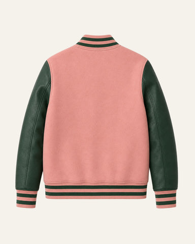 Mohrazi Men's Premium Pink Varsity Jacket Wool Body Green Leather Sleeves