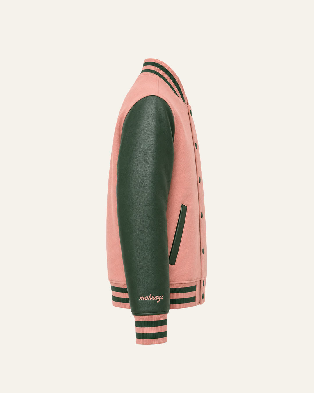 Mohrazi Men's Premium Pink Varsity Jacket Wool Body Green Leather Sleeves