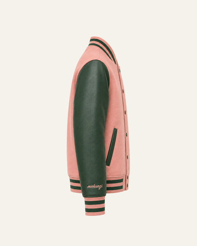 Mohrazi Men's Premium Pink Varsity Jacket Wool Body Green Leather Sleeves