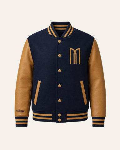Mohrazi Men's Premium Blue Varsity Jacket Wool Body Saddle Tan Leather Sleeves