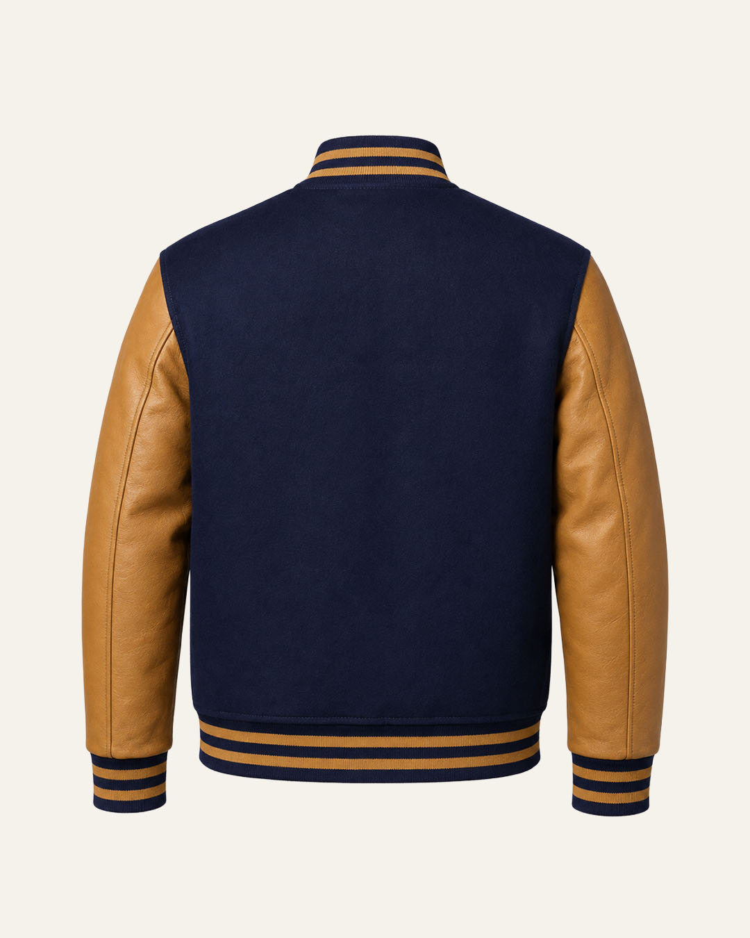 Mohrazi Men's Premium Blue Varsity Jacket Wool Body Saddle Tan Leather Sleeves