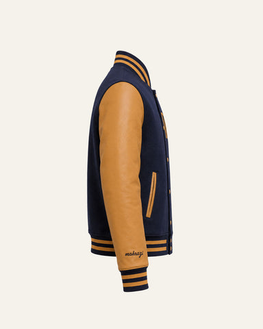 Mohrazi Men's Premium Blue Varsity Jacket Wool Body Saddle Tan Leather Sleeves