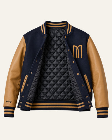Mohrazi Men's Premium Blue Varsity Jacket Wool Body Saddle Tan Leather Sleeves