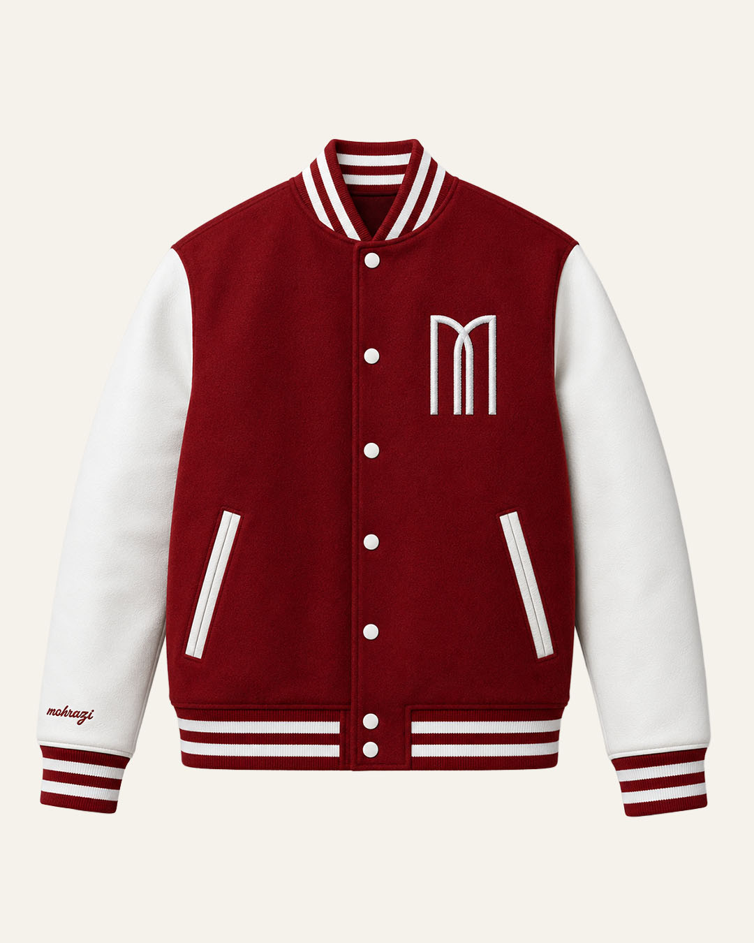 Mohrazi Men's Premium Red Varsity Jacket Wool Body White Leather Sleeves