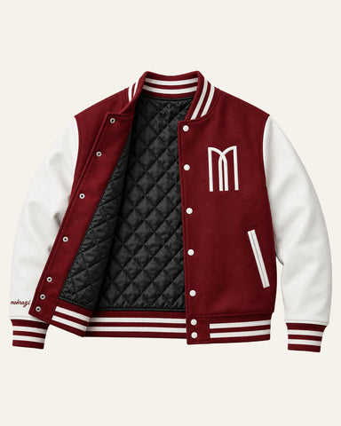 Mohrazi Men's Premium Red Varsity Jacket Wool Body White Leather Sleeves