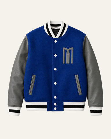 Mohrazi Men's Premium Blue Varsity Jacket Wool Body Grey Leather Sleeves