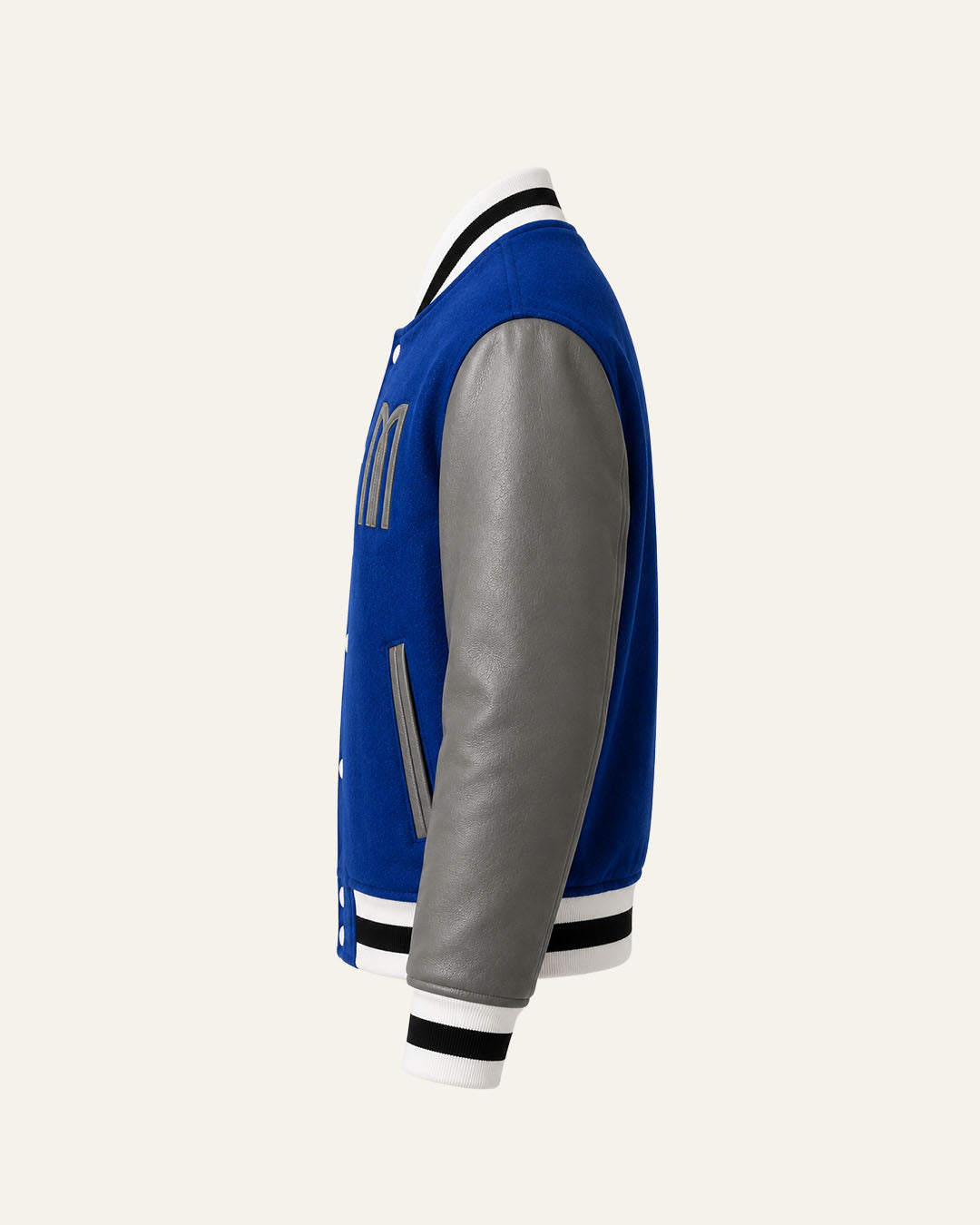 Mohrazi Men's Premium Blue Varsity Jacket Wool Body Grey Leather Sleeves