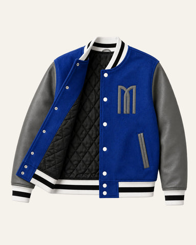 Mohrazi Men's Premium Blue Varsity Jacket Wool Body Grey Leather Sleeves