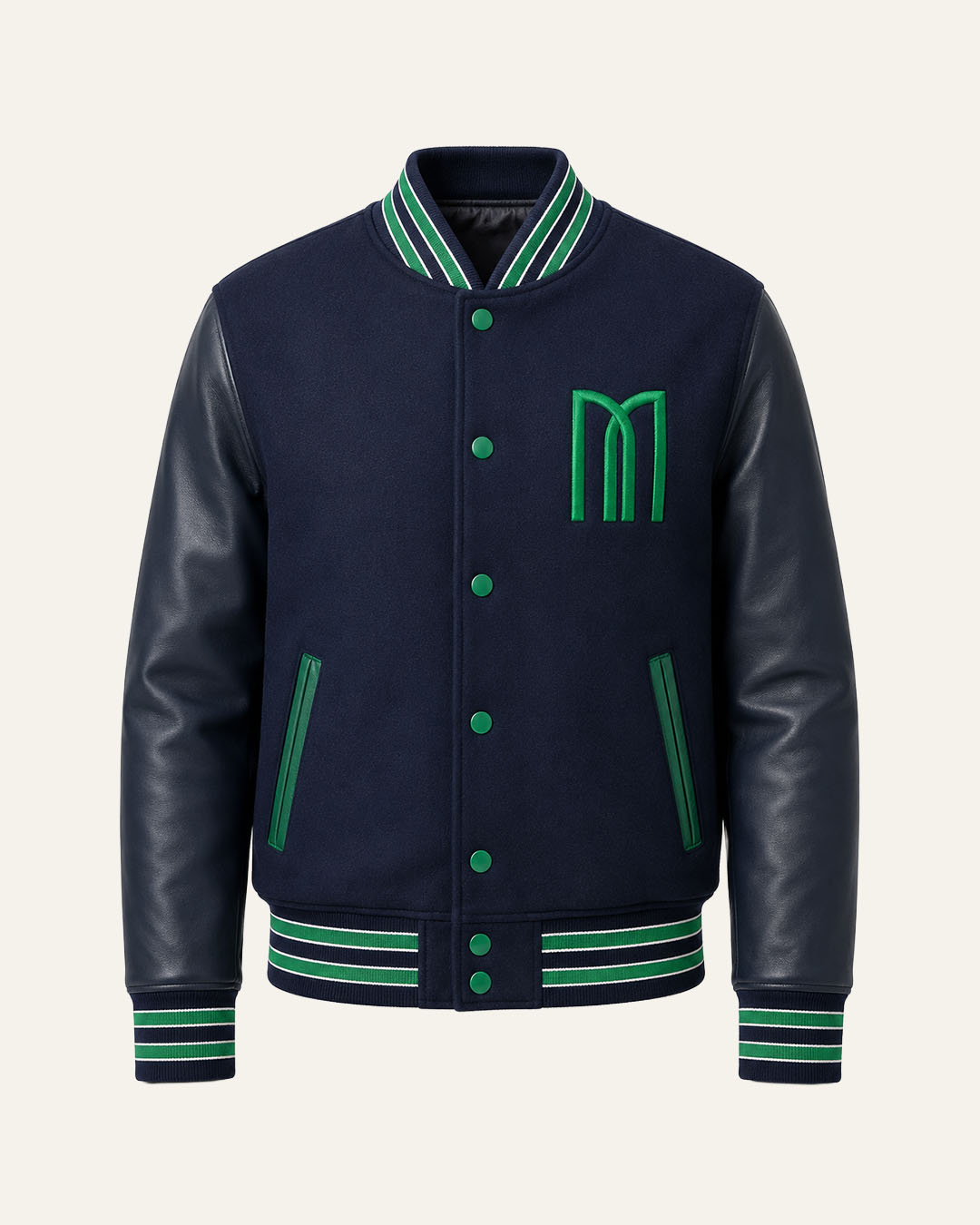 Mohrazi Men's Premium Navy Varsity Jacket Wool Body Navy Leather Sleeves Green Trim