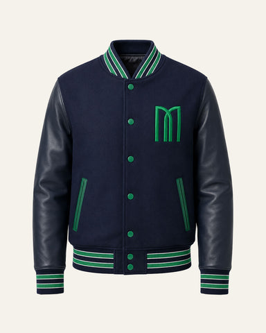 Mohrazi Men's Premium Navy Varsity Jacket Wool Body Navy Leather Sleeves Green Trim