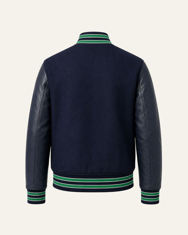 Mohrazi Men's Premium Navy Varsity Jacket Wool Body Navy Leather Sleeves Green Trim