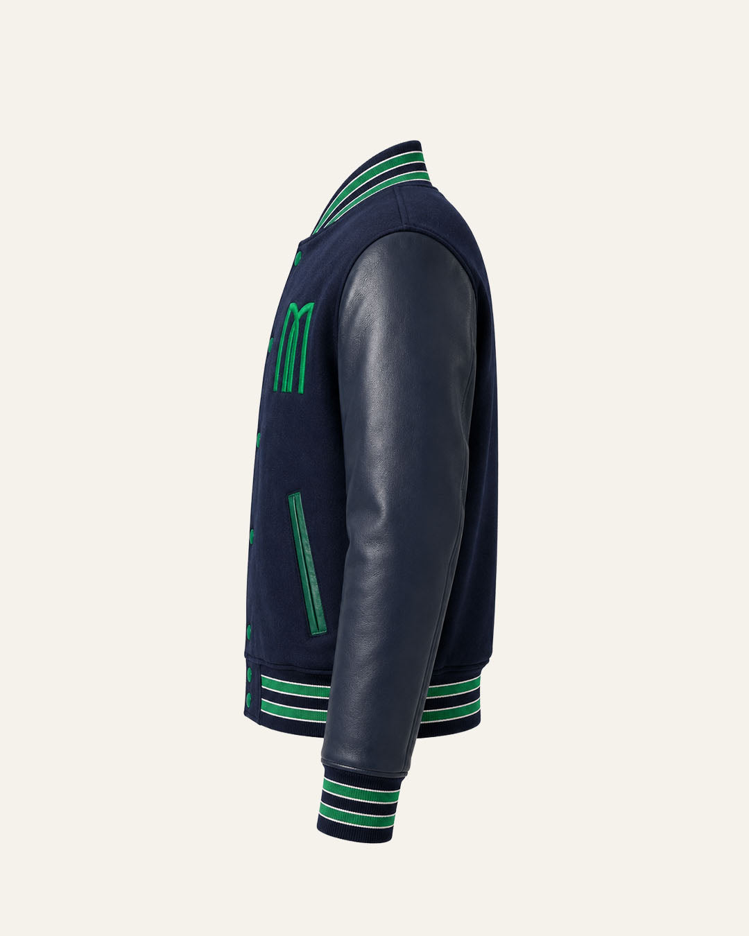 Mohrazi Men's Premium Navy Varsity Jacket Wool Body Navy Leather Sleeves Green Trim