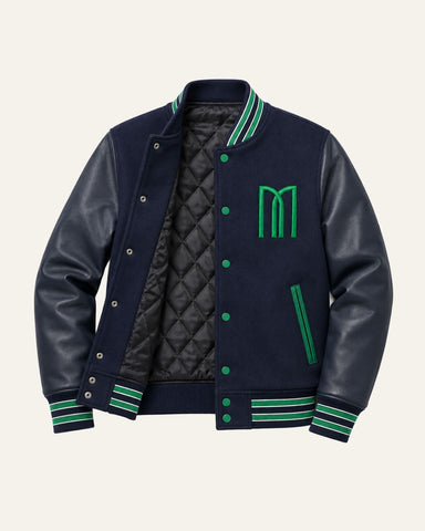 Mohrazi Men's Premium Navy Varsity Jacket Wool Body Navy Leather Sleeves Green Trim