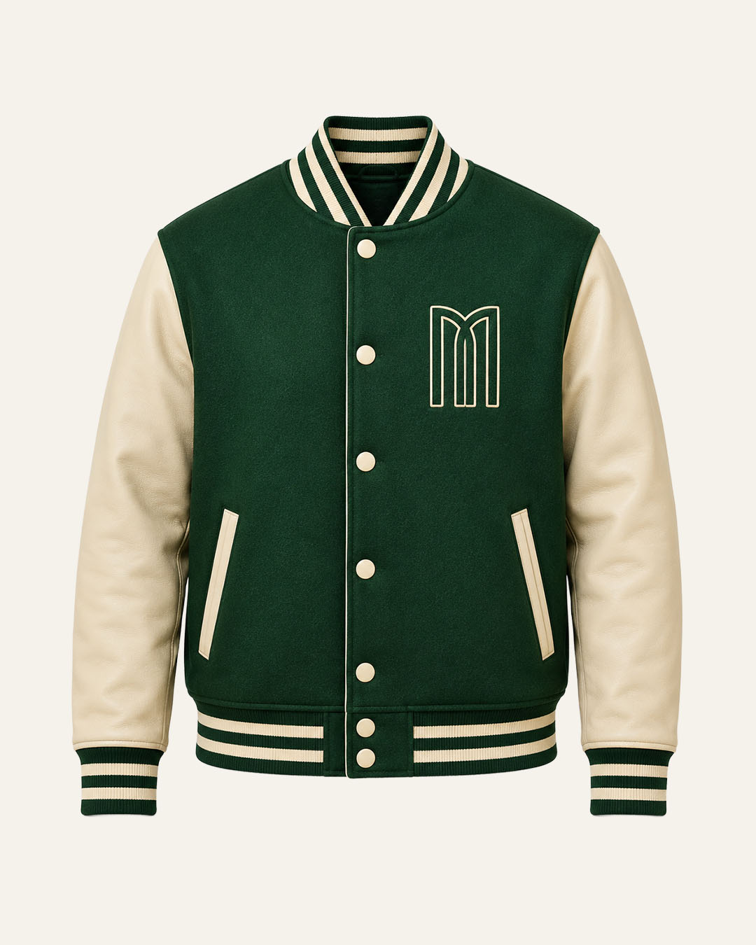 Mohrazi Men's Premium Green Varsity Jacket Wool Body Beige Leather Sleeves