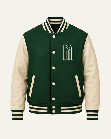 Mohrazi Men's Premium Green Varsity Jacket Wool Body Beige Leather Sleeves