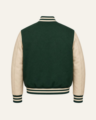 Mohrazi Men's Premium Green Varsity Jacket Wool Body Beige Leather Sleeves