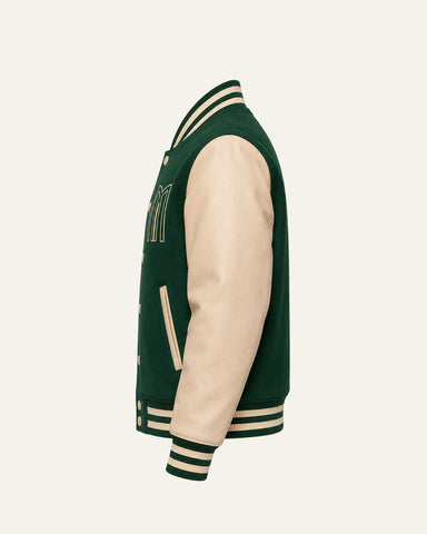 Mohrazi Men's Premium Green Varsity Jacket Wool Body Beige Leather Sleeves
