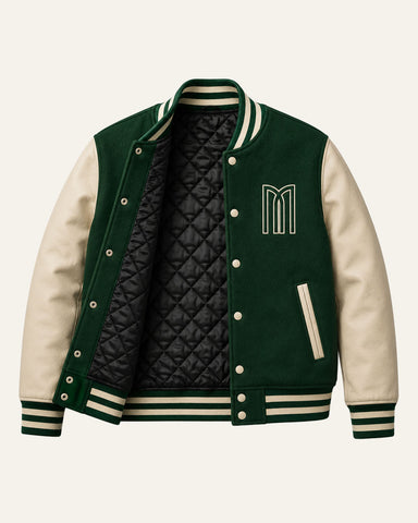 Mohrazi Men's Premium Green Varsity Jacket Wool Body Beige Leather Sleeves
