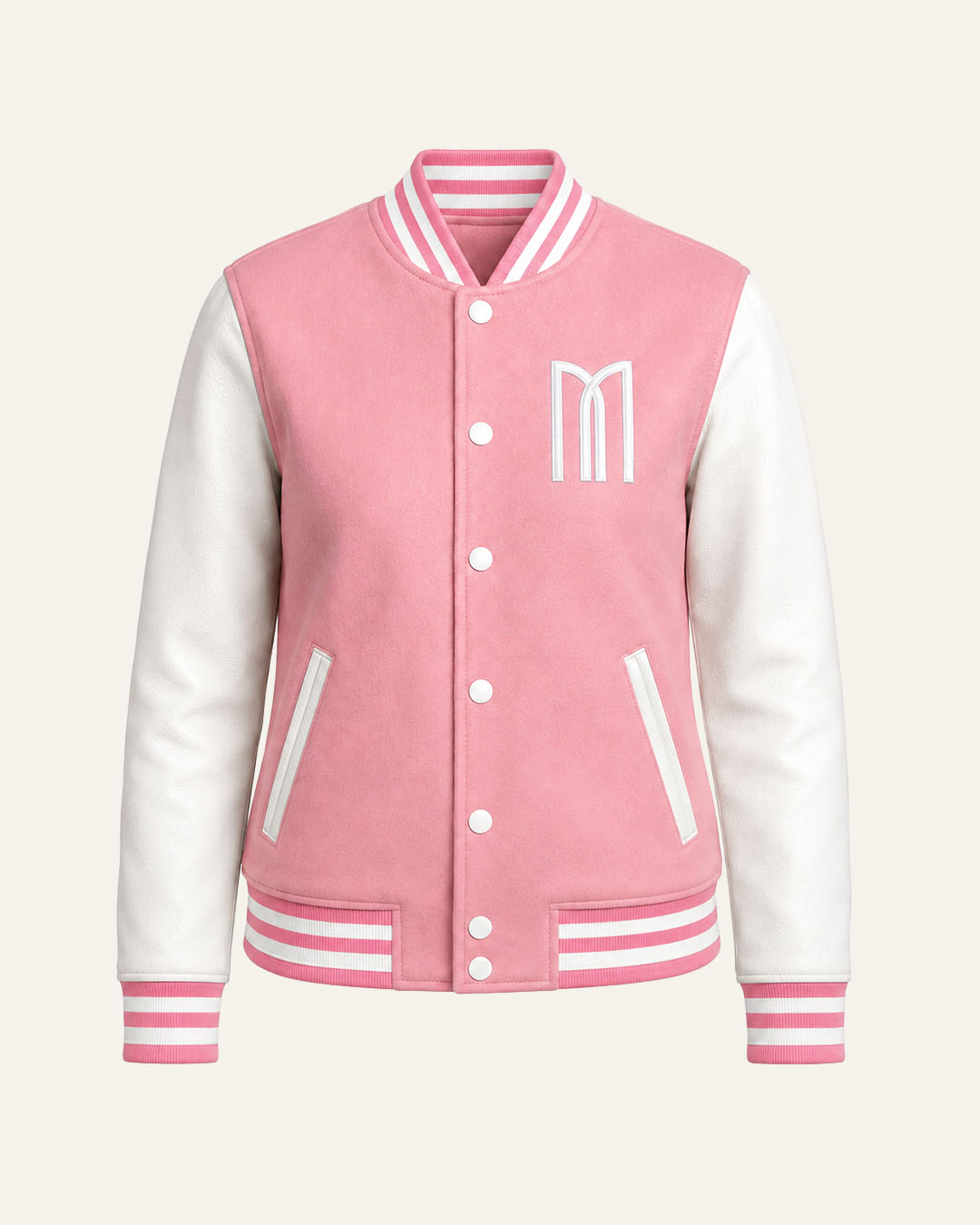 Mohrazi Women's Premium Pink Varsity Jacket Wool Body White Leather Sleeves